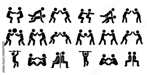 Fitness and workout silhouette icons set – exercise, gym, training symbols