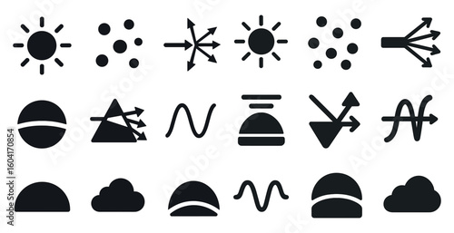 Physics and science solid icons set – filled, educational, scientific symbols