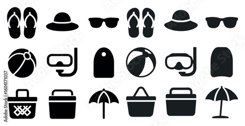 Beach and travel silhouette icons set – leisure, summer, holiday symbols