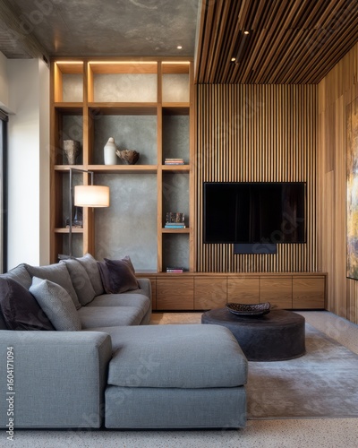 Modern living room with wooden accents and gray sectional sofa.