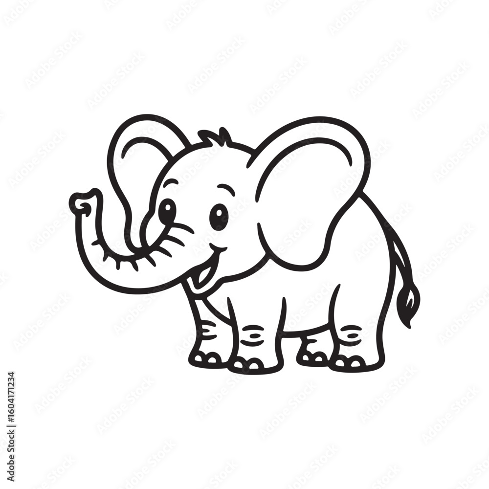 Fototapeta premium Cartoon Elephant Illustration A Delightful Black and White Drawing of a Cute Baby Elephant Perfect for Children's Books and Educational Materials