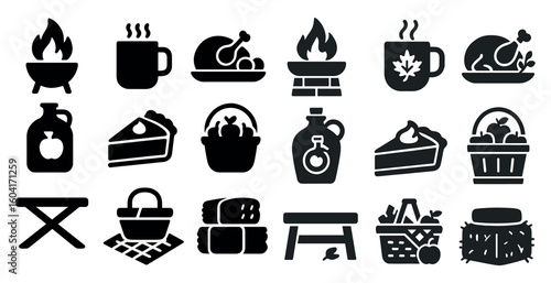 Camping and cooking silhouette icons set – outdoor, food, adventure symbols