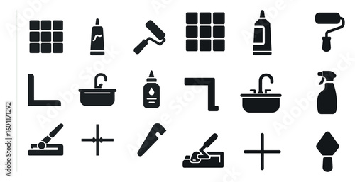 Home improvement solid icons set – tools, tiles, renovation essentials