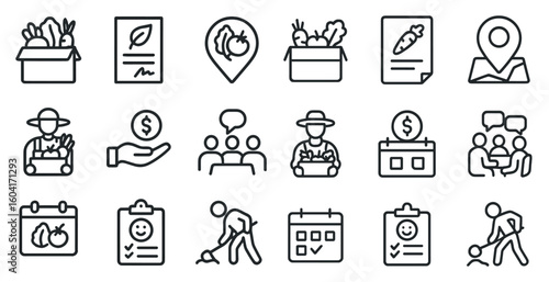 Agriculture and farming icons set – outline, linear, harvest and cultivation symbols