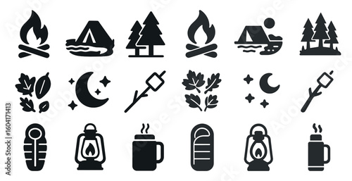 Camping and outdoor solid icons set – filled, flat, adventure and nature symbols