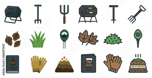 Gardening flat icons set – solid, outline, horticulture and plant care symbols