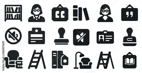 Library and reading solid icons set – filled, book, study and education symbols