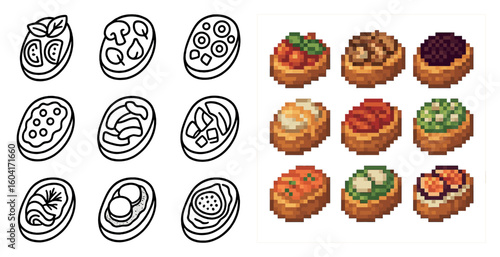 Food and cooking icons set in pixel art style – culinary, cuisine, gourmet symbols
