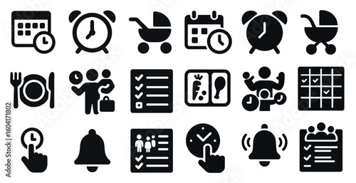 Time management solid icons set – flat, filled, scheduling and organization tools