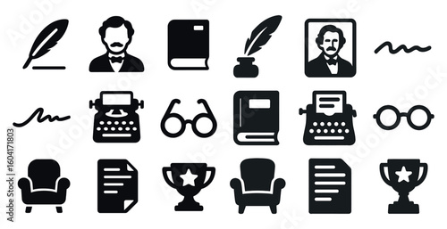 Literary icons set – solid, filled, writing and book themed symbols