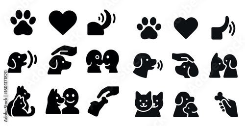 Pet care solid icons set – filled, flat, animal and veterinary symbols