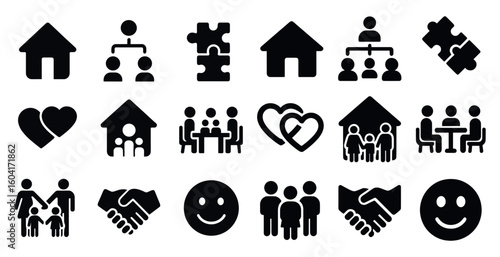Family and community solid icons set – filled, silhouette, social connection symbols
