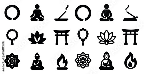 Mindfulness and meditation solid icons set – filled, zen, wellness symbols