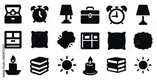 Home and living solid icons set - flat, filled, interior and decor essentials