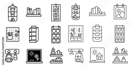 Home and office organization outline icons set – storage, decluttering, minimalist symbols