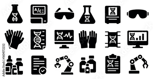 Laboratory equipment solid icons set – filled, scientific, lab tools graphics