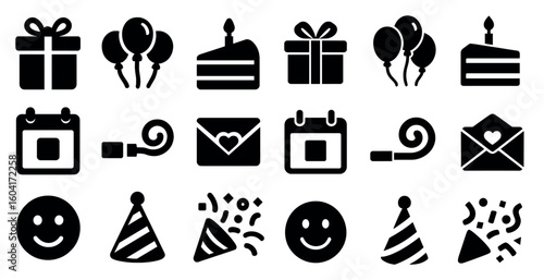 Celebration and party icons set in solid style – filled, festive, cheerful symbols