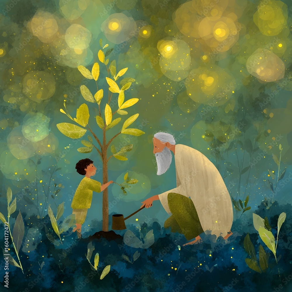 custom made wallpaper toronto digitalAn elder sharing wisdom with a child in a serene forest landscape