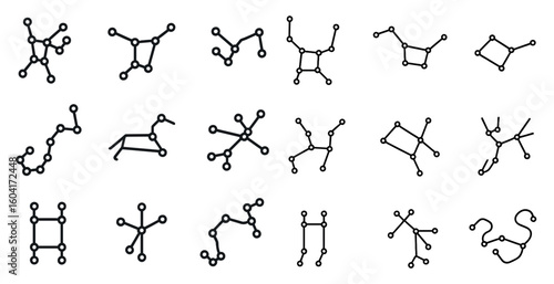 Astronomy constellation outline icons set – linear, celestial, zodiac signs collection