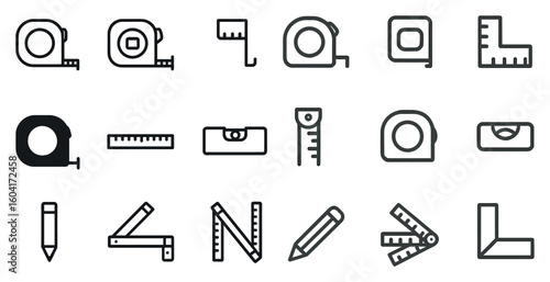 Measurement tools line icons set – outline, linear, ruler and measuring device graphics