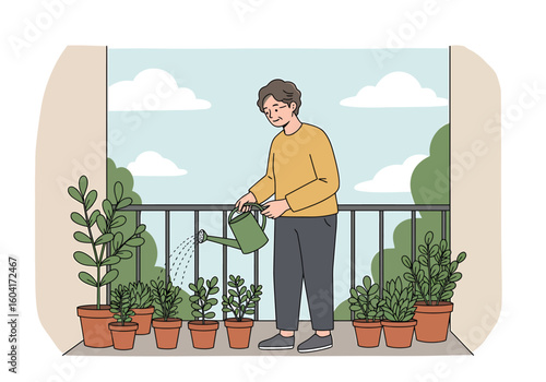A young man waters potted plants on his balcony with a green watering can, enjoying a peaceful moment outdoors.