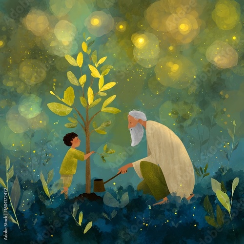 Wallpaper Mural An elder sharing wisdom with a child in a serene forest landscape Torontodigital.ca