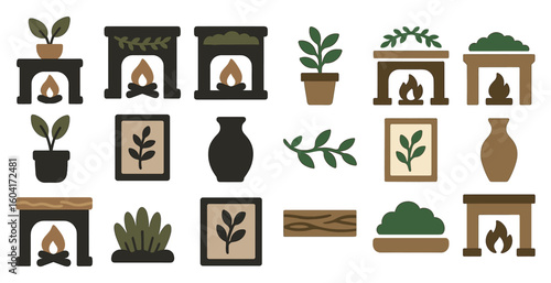 Cozy home decor flat icons set – fireplace, indoor plants, and decorative elements