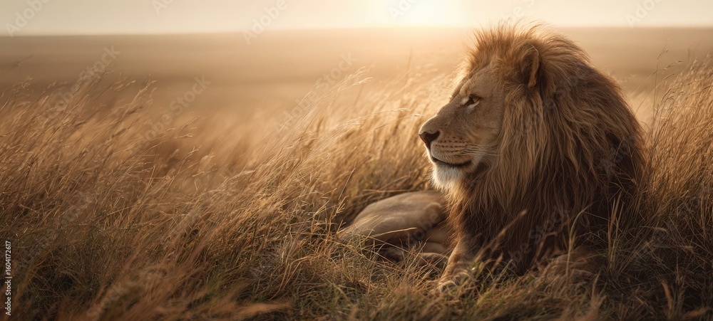 Naklejka premium The majestic lion resting in golden grass during a serene sunset.