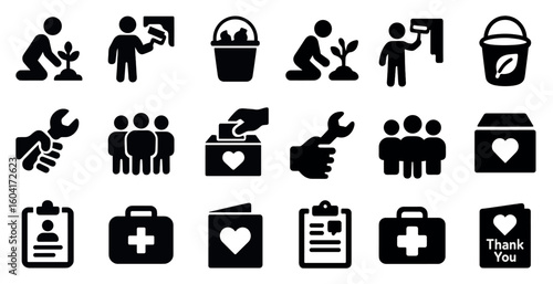 Community service solid icons set – filled, volunteer, charity symbols