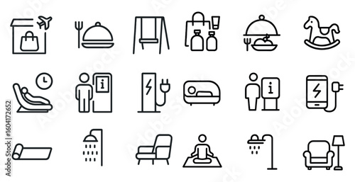 Hospitality and leisure icons set – outline, line, travel and relaxation symbols