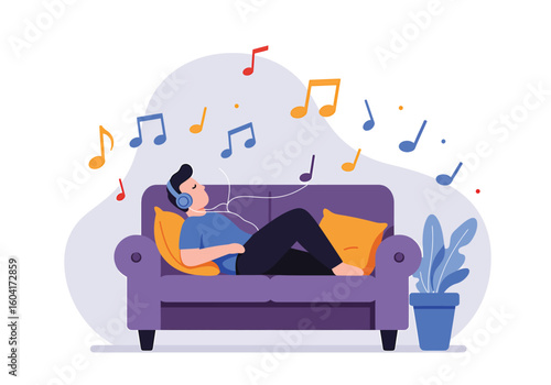 A man relaxes on a purple couch, listening to music with headphones, surrounded by colorful musical notes.