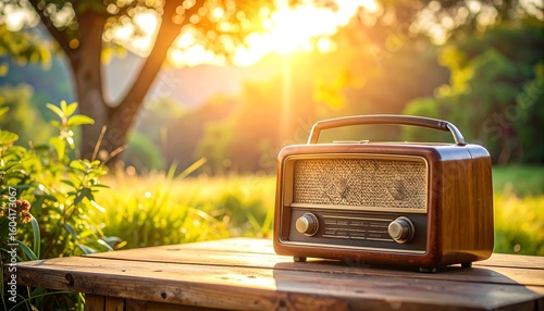 Vintage radio on wooden table, sunset backdrop