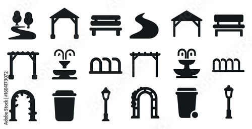 Park and recreation solid icons set – filled, outdoor, leisure activity symbols