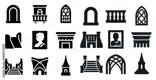 Architecture and historical solid icons set – filled, heritage, building design symbols