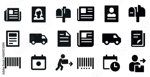 Communication and delivery solid icons set – filled, flat, messaging and postal symbols