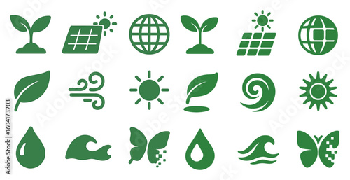 Eco-friendly solid icons set – renewable energy, sustainability, green symbols