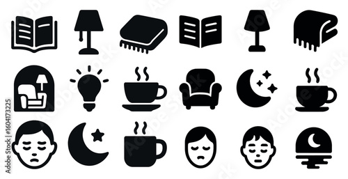 Home and relaxation icons set – solid, filled, comfort and leisure symbols