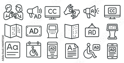 Accessibility and inclusivity outline icons set – linear, intuitive, equal access visuals