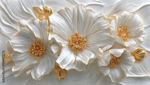 Three large, sculpted, white flowers with gold accents