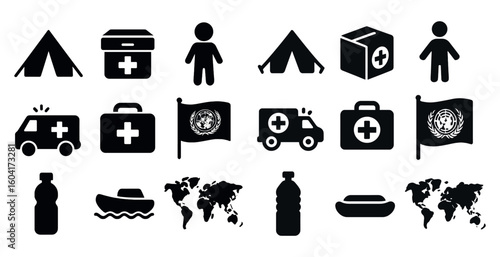 First aid and emergency solid icons set – filled, health care, safety symbols