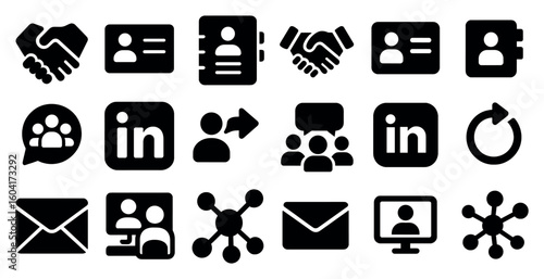 Business and networking solid icons set – filled, silhouette, connection and communication tools