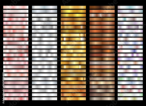 Shiny and metallic gradient collection for border frame ribbon label design Gold rose silver bronze and copper texture gradation background set