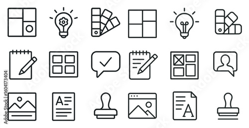 Design and creativity outline icons set – linear, graphic, artistic symbols