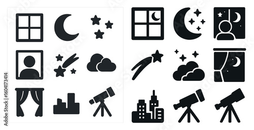Astronomy and night sky icons set – solid, filled, celestial symbols and stars