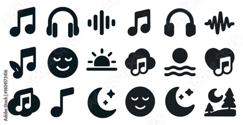 Music and relaxation solid icons set – filled, flat, melody and sound symbols