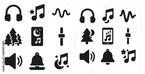 Music and sound solid icons set – filled, audio, and melody design elements