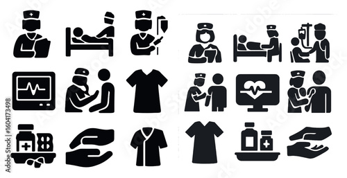 Healthcare and medical solid icons set – silhouette, filled, nursing and hospital symbols