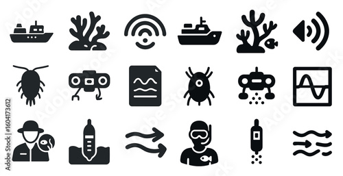 Marine biology silhouette icons set – ocean, aquatic, sea life symbols