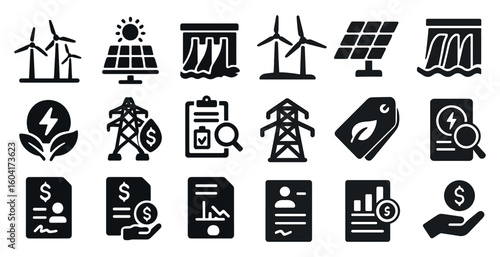 Renewable energy silhouette icons set – sustainable, eco-friendly power symbols