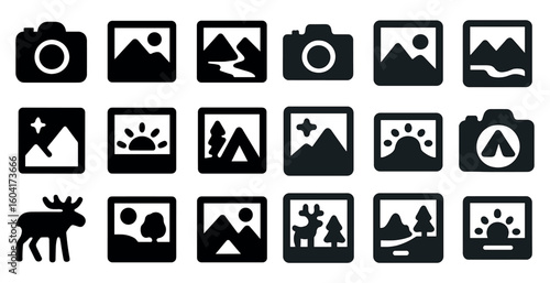 Photography and nature icons set – silhouette, solid, camera and landscape symbols